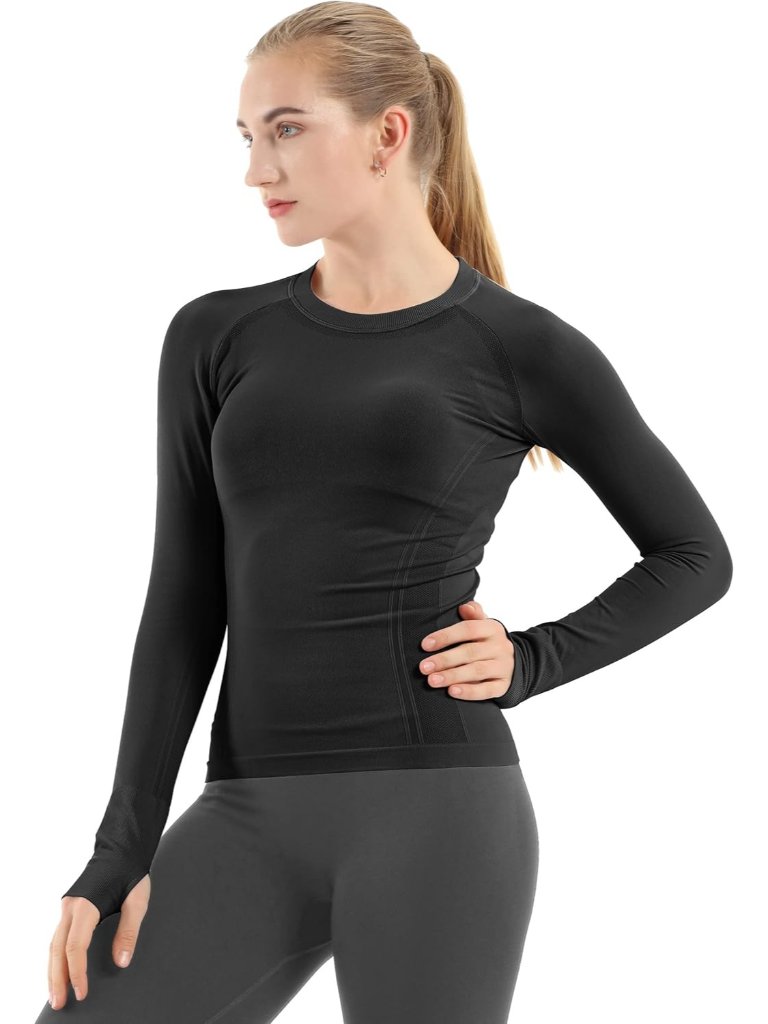 Women's Black Seamless Workout Shirts Long Sleeve Yoga Tops Sports Slim Fit